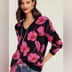 CAbi Black and Pink Floral V-Neck Sweater